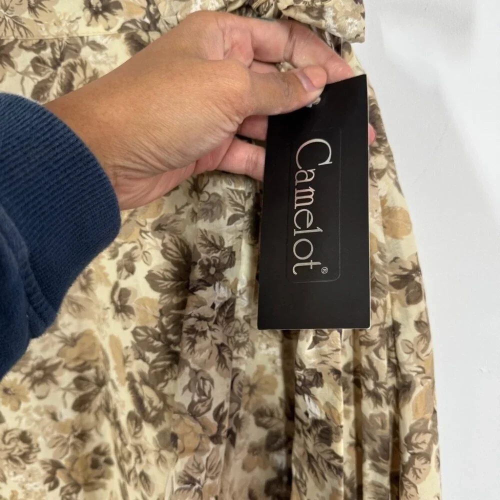 Vtg Camelot Floral Maxi Skirt Beige Brown Size S Ruffle Boho Romantic Style